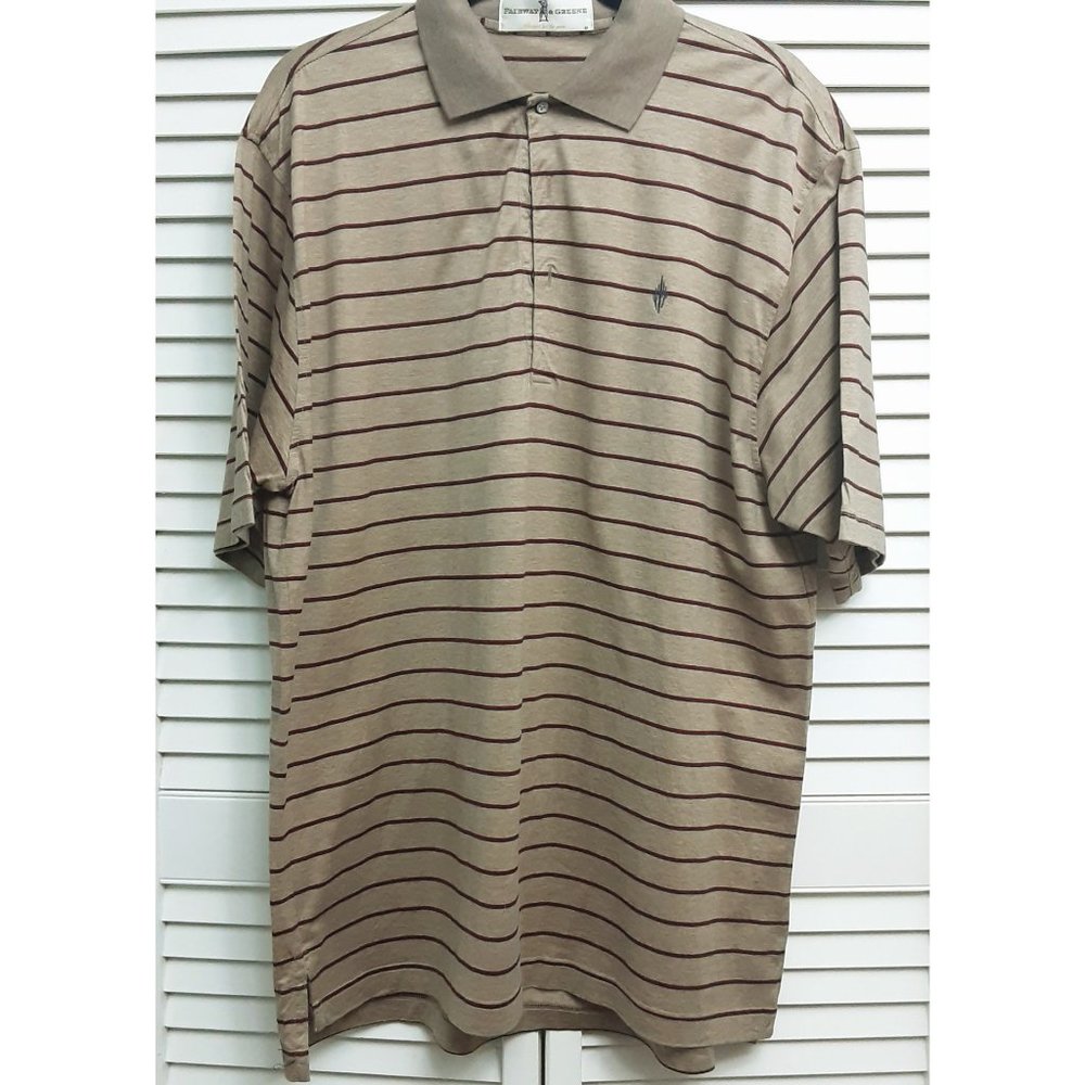 Fairway & Greene Tan/Red/Black Short Sleeve Striped Golf Shirt Large